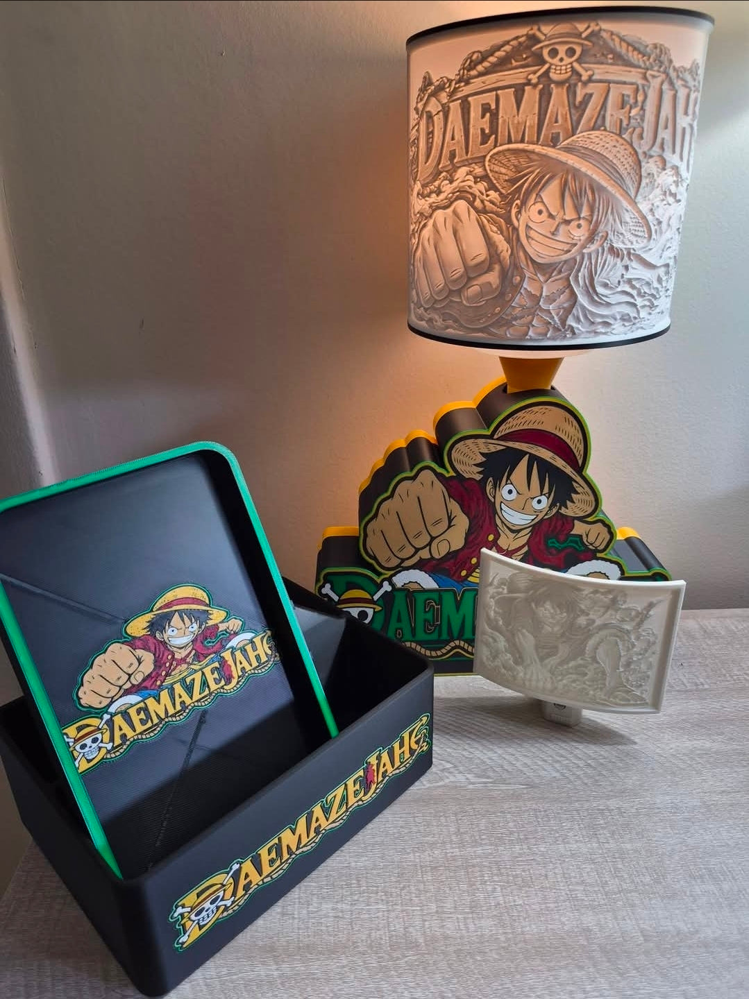 Luffy Inspired 3D Printed Anime Lamp & Desk Decor Set, Pirate Night Light Cover, Caddy & Tray, One Piece Inspired Anime Fan Gift