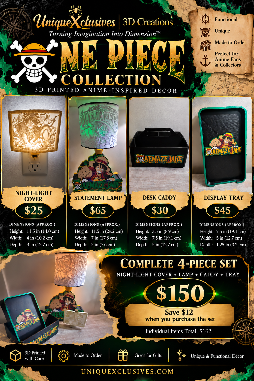 Luffy Inspired 3D Printed Anime Lamp & Desk Decor Set, Pirate Night Light Cover, Caddy & Tray, One Piece Inspired Anime Fan Gift