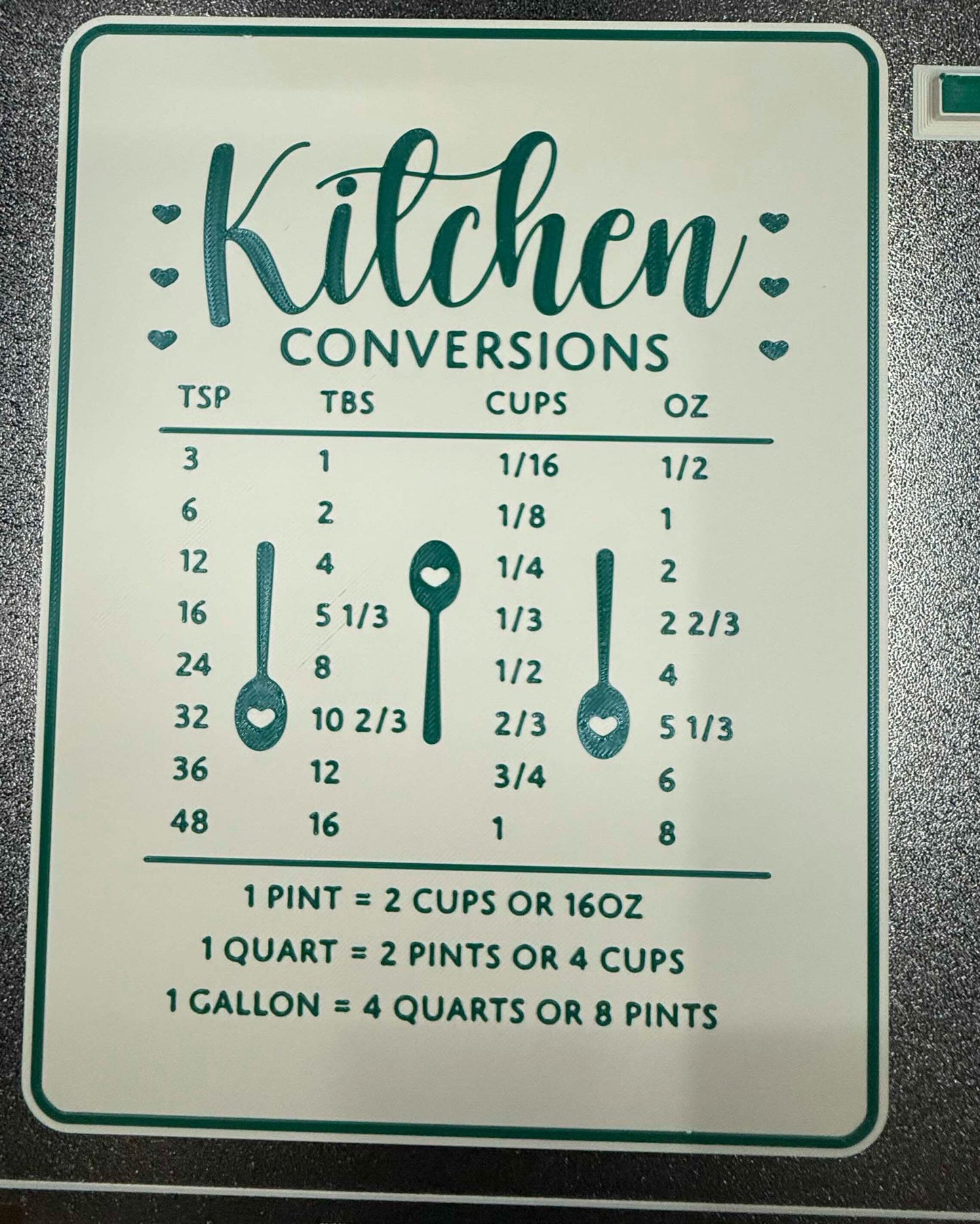 3D Printed Kitchen Conversion Chart | Cooking Measurement Guide | Cups, Tablespoons & Ounces | Farmhouse Kitchen Decor | Housewarming Gift