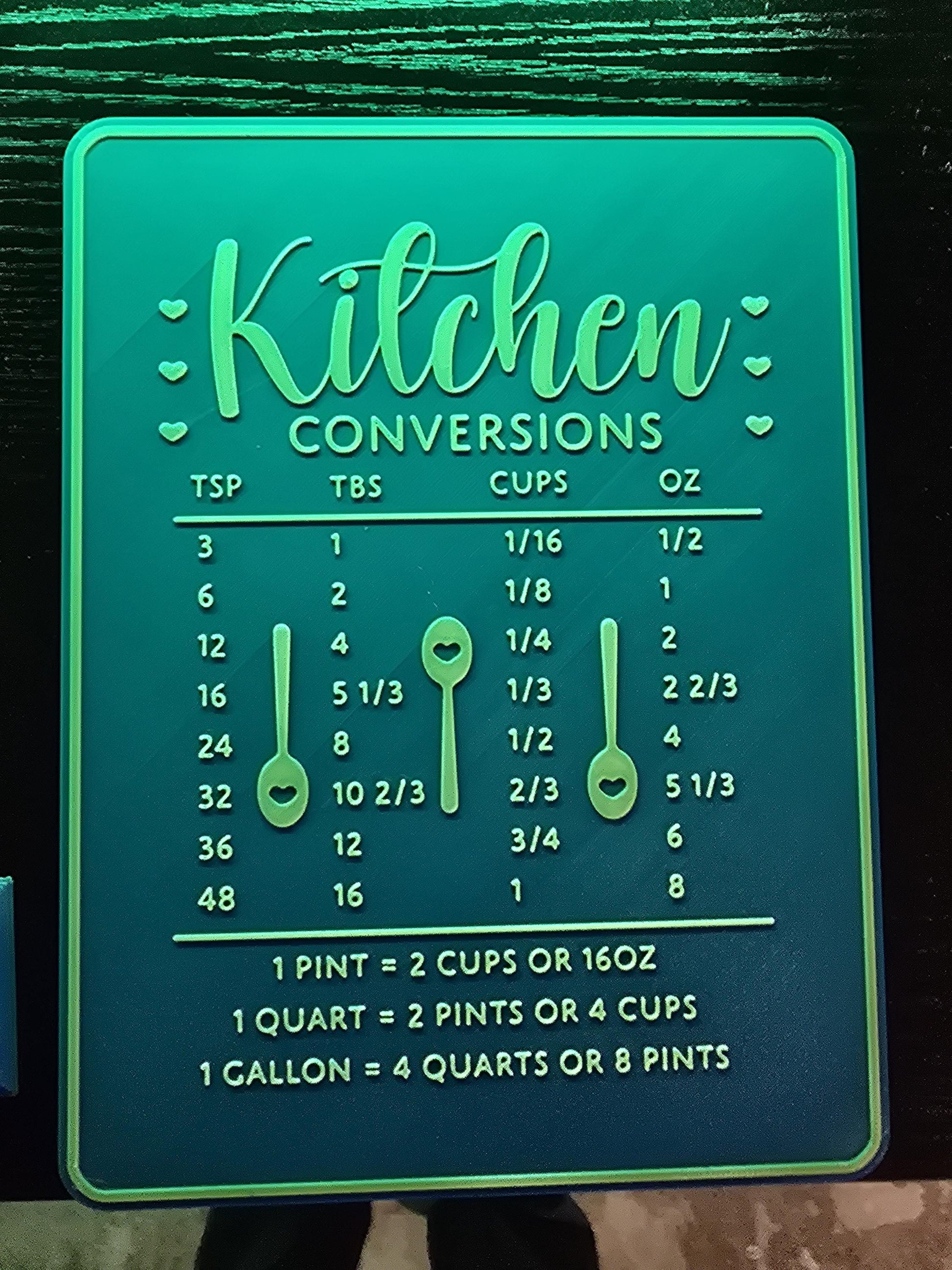 3D Printed Kitchen Conversion Chart | Cooking Measurement Guide | Cups, Tablespoons & Ounces | Farmhouse Kitchen Decor | Housewarming Gift
