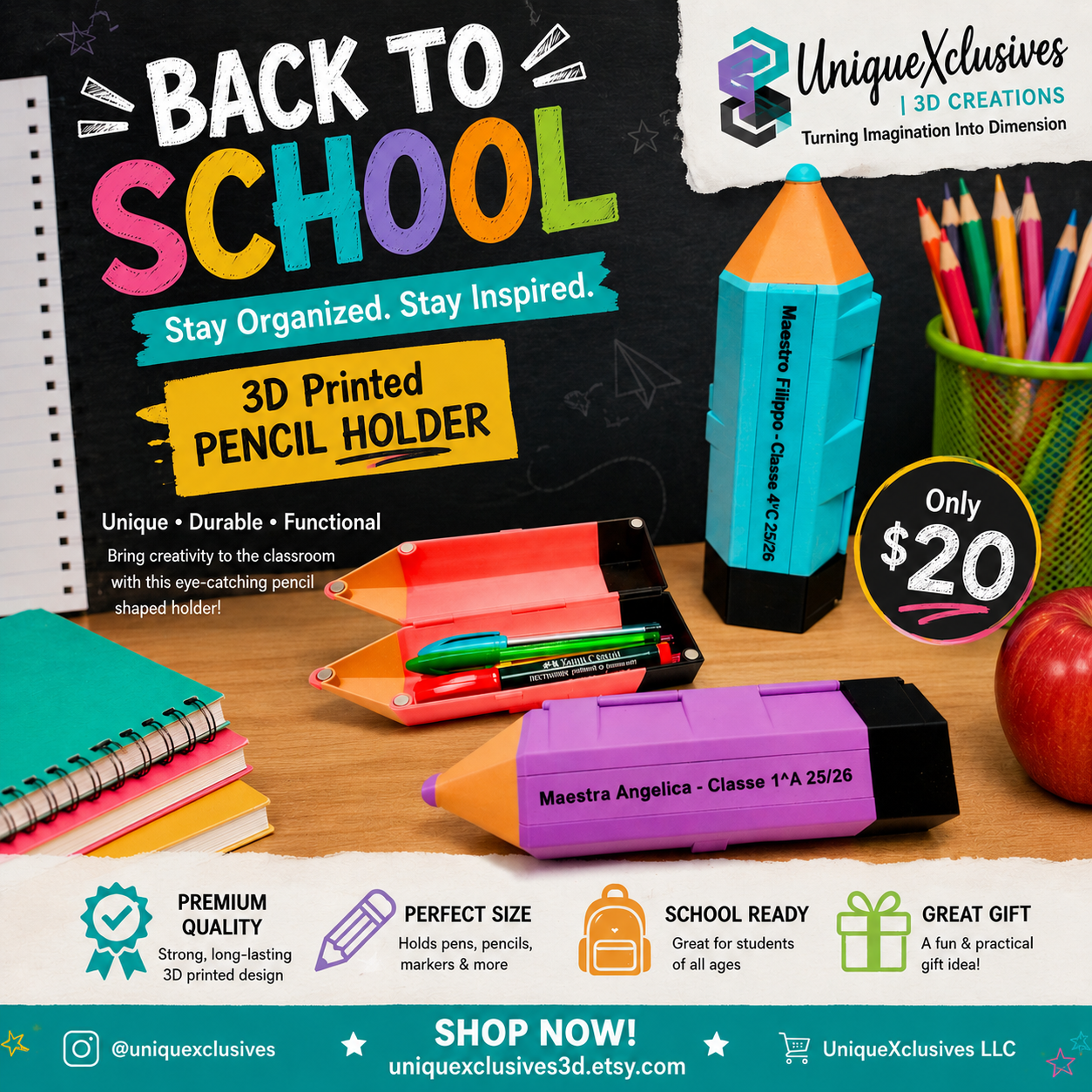 Personalized 3D Printed Pencil Holder Case | Custom Teacher Gift | Pencil Shaped School Supply Box | Back to School Desk Organizer | Student Pencil Box