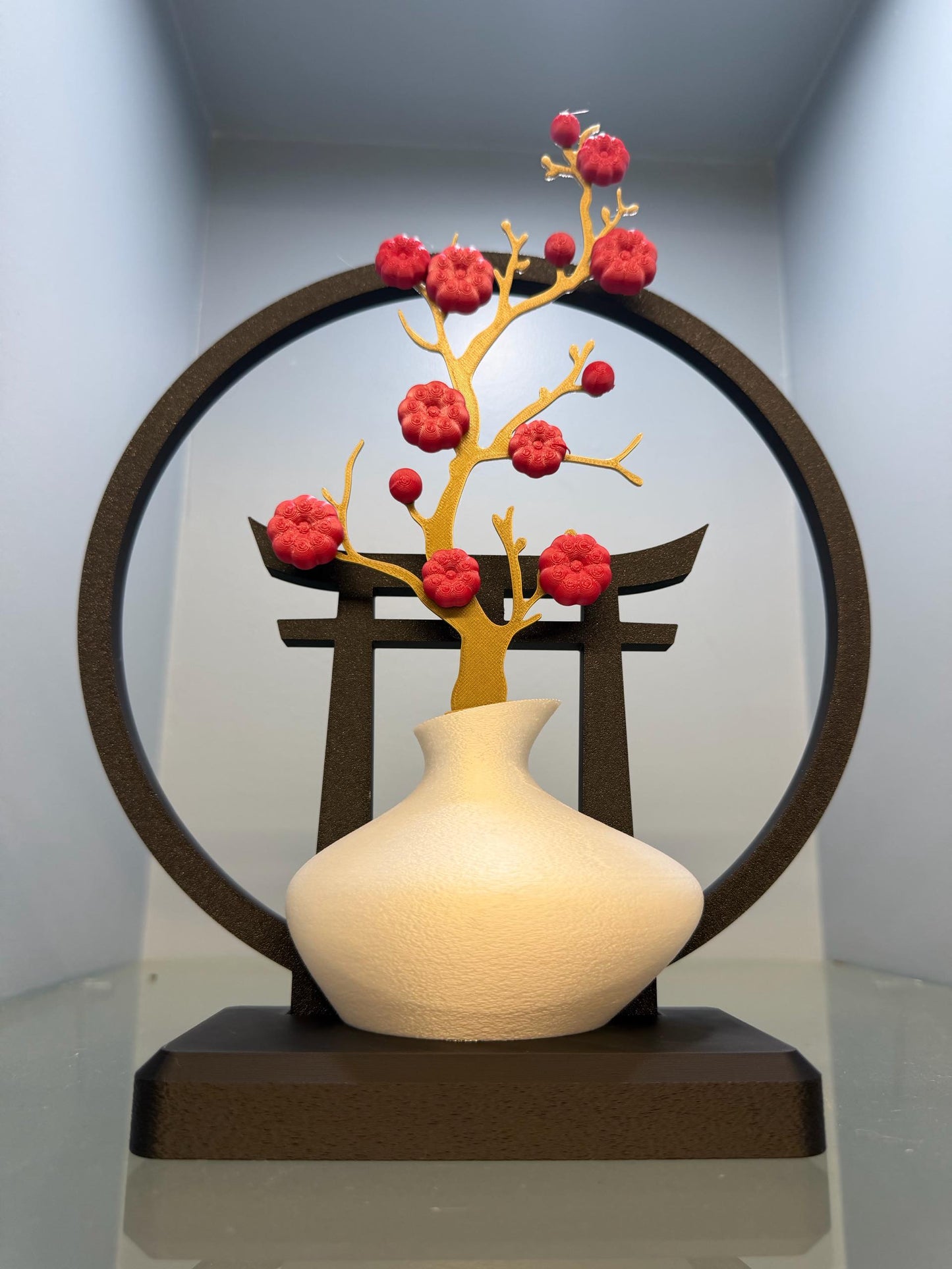Japanese Zen Garden Decor, 3D Printed Torii Gate Bonsai Sculpture, Minimalist Desk Accessory, Unique Home Office Gift, Cherry Blossom Art Piece