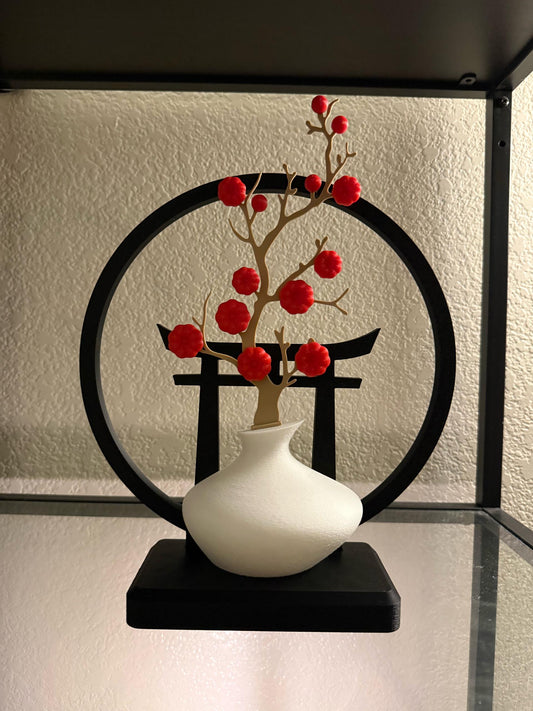 Japanese Zen Garden Decor, 3D Printed Torii Gate Bonsai Sculpture, Minimalist Desk Accessory, Unique Home Office Gift, Cherry Blossom Art Piece